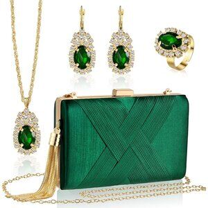 Women Satin Clutch Purse Jewelry Set Earrings Necklace Ring Evening Bag